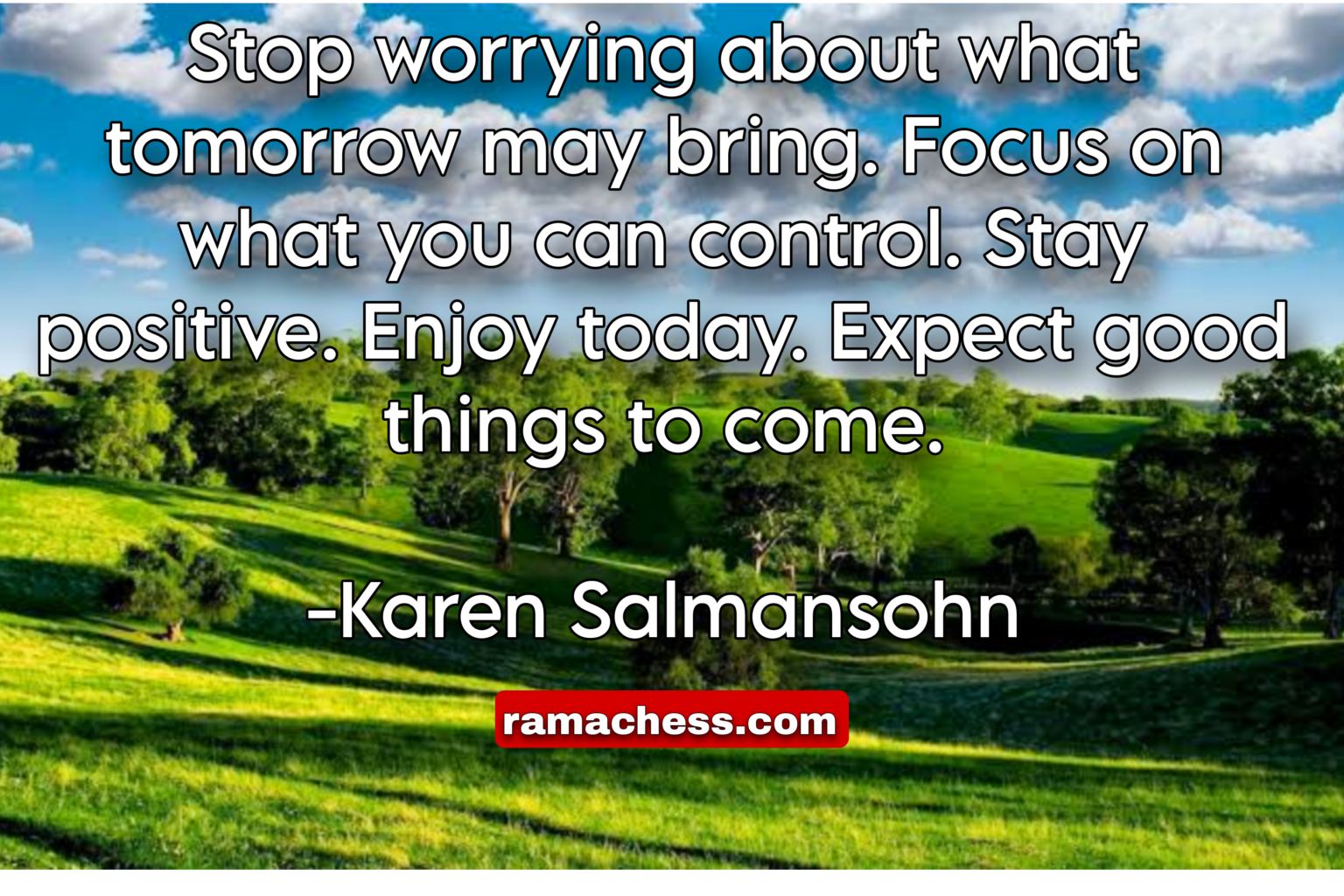 Stop worrying about what tomorrow may bring. Focus on what you can control. Stay positive. Enjoy today. Expect good things to come. -Karen Salmansohn